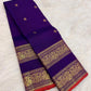 Deep Royal Violet Handwoven Pure Silk Kanchipuram Saree with Rettapet Mayil Zari Border and Orange-Red Selvedge