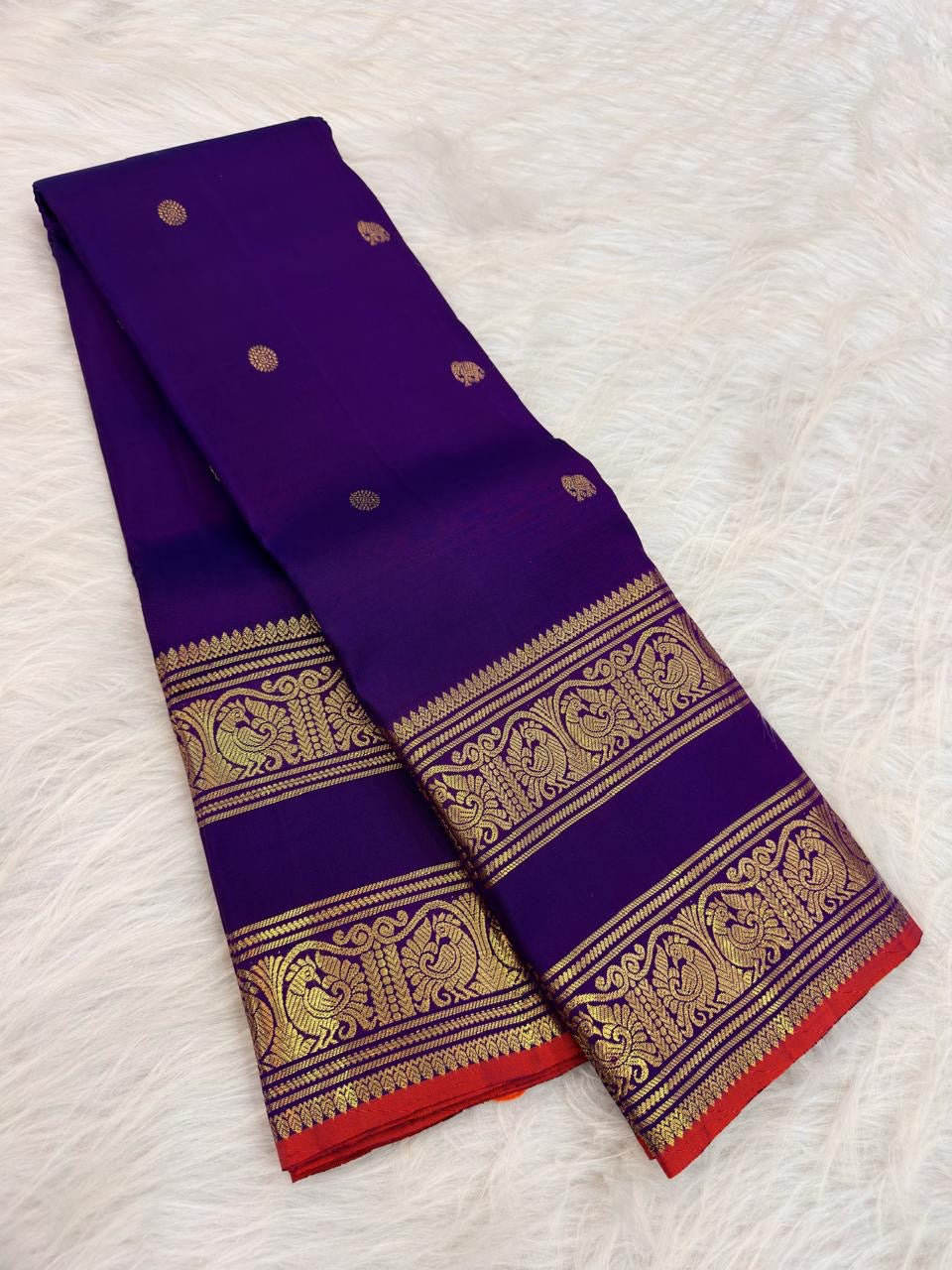 Deep Royal Violet Handwoven Pure Silk Kanchipuram Saree with Rettapet Mayil Zari Border and Orange-Red Selvedge