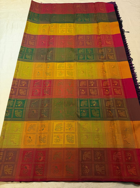 Deep Violet Handwoven Pure Silk Kanjivaram Saree with Mayil Chakram Butta and Bomkai Pallu