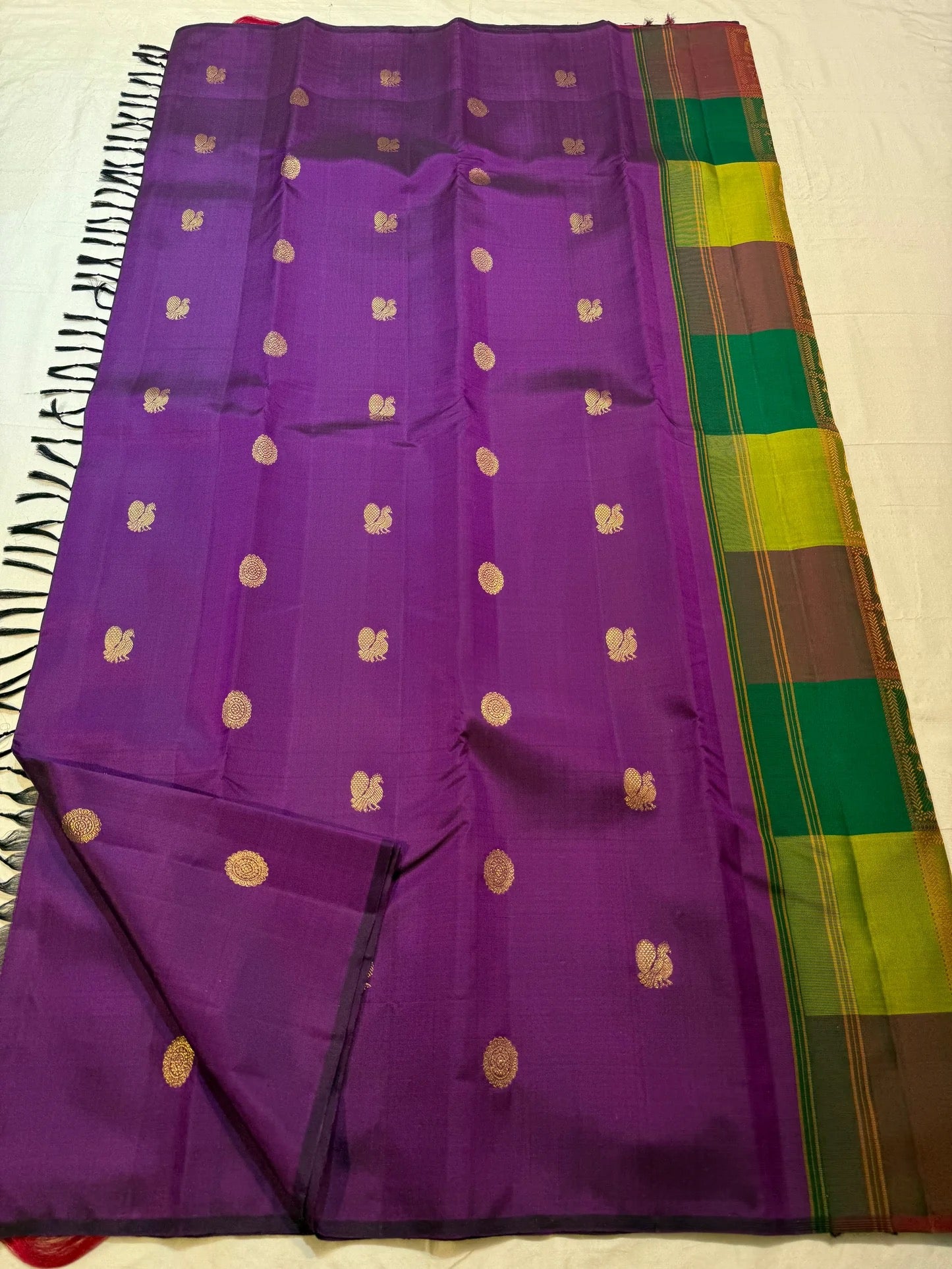 Deep Violet Handwoven Pure Silk Kanjivaram Saree with Mayil Chakram Butta and Bomkai Pallu