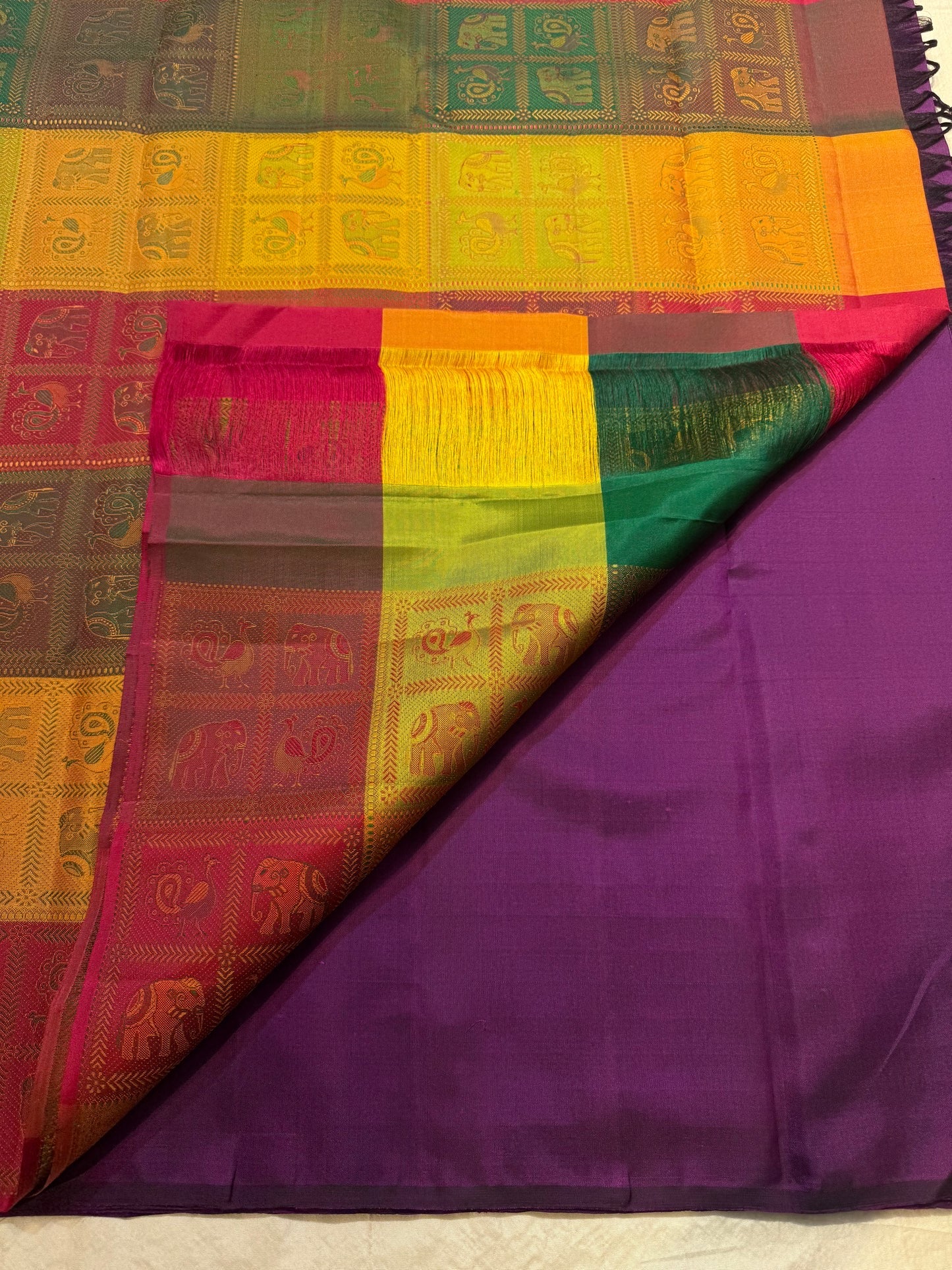 Deep Violet Handwoven Pure Silk Kanjivaram Saree with Mayil Chakram Butta and Bomkai Pallu