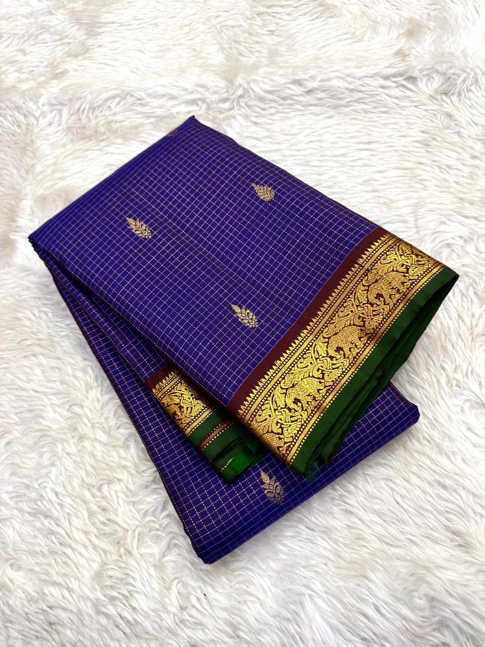 Deep Violet Kanjivaram silk saree with fine zari checks and Maanga Buttas
