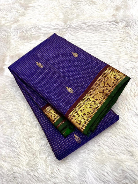 Deep Violet Kanjivaram silk saree with fine zari checks and Maanga Buttas