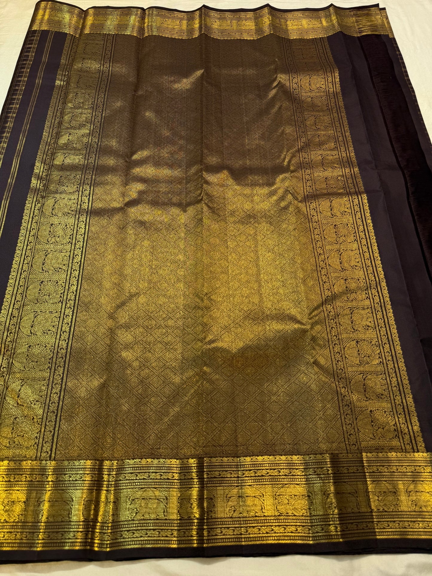 Rich gold zari pallu on deep violet plum Kancheepuram pure silk saree — Idam Living