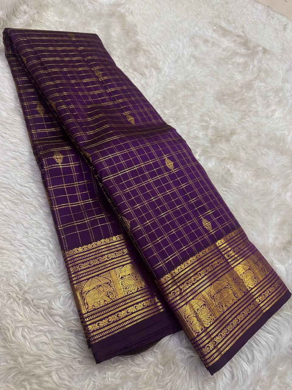 Deep Violet Pure Silk Kanjipuram Zari Kattam saree with antique gold, Idam Living