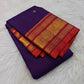 Full view of a deep violet Kanjivaram Zari Kattam silk saree with a burnished vermilion Sorgavaasal Mayil border