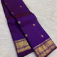 Deep Violet Purple pure silk KanchiPattu Butta saree with petite handwoven Mayil gold zari border.