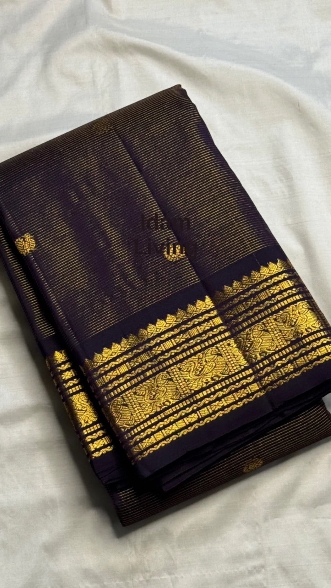 Deepest Black Pure Silk Kanchipuram Saree — full saree overview, Vairaoosi weave with Kanchana undertone — Idam Living
