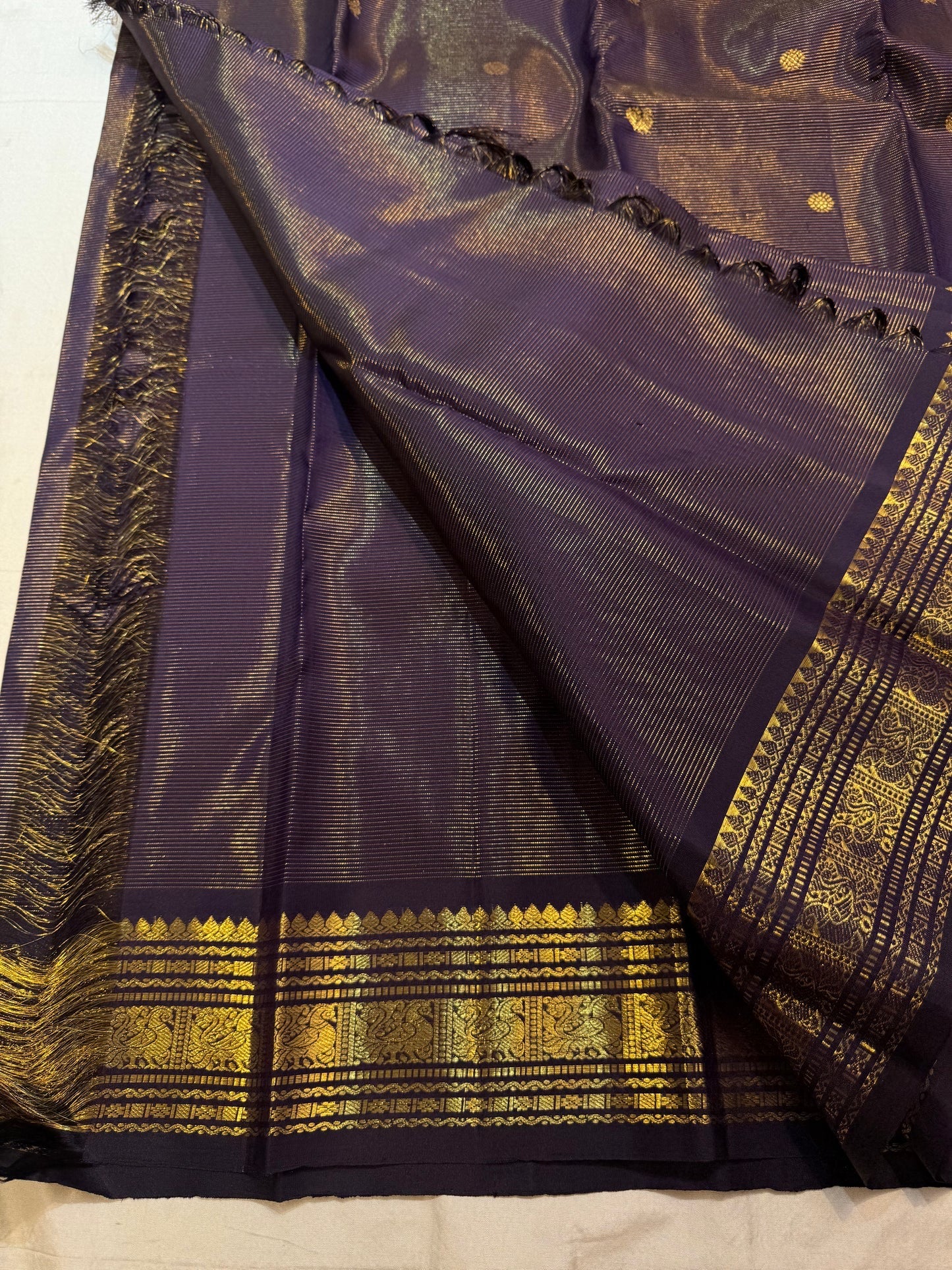 Deepest Black Kanchipuram Saree — pallu detail with gold zari peacock motifs