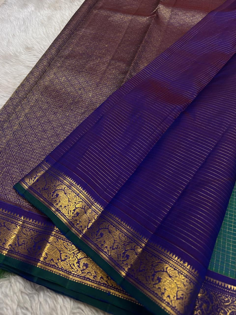 Pure silk Kancheepuram saree in peacock teal with royal violet border