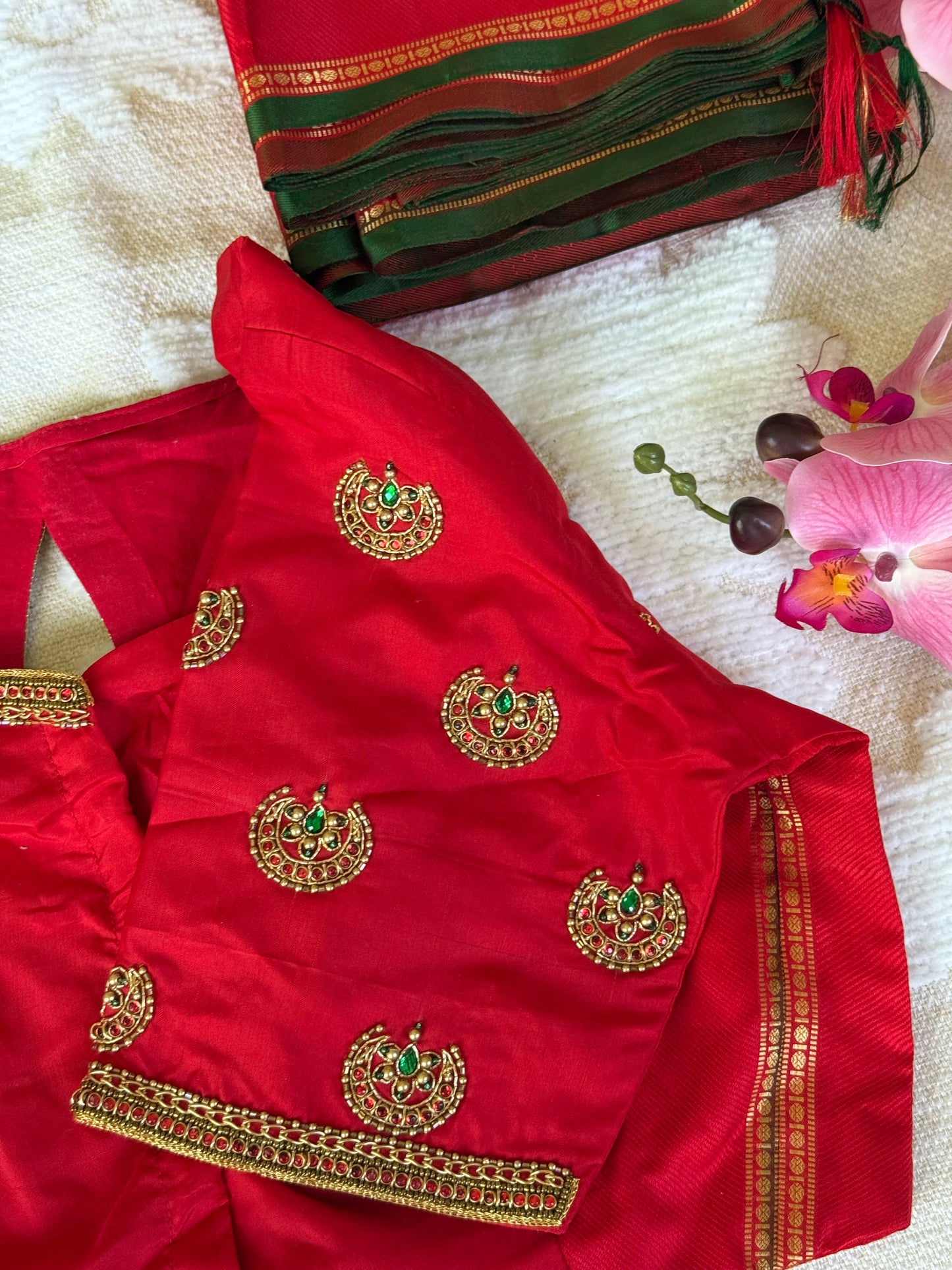 Custom bridal silk blouse with traditional maggam work handcrafted elegantly in New Jersey