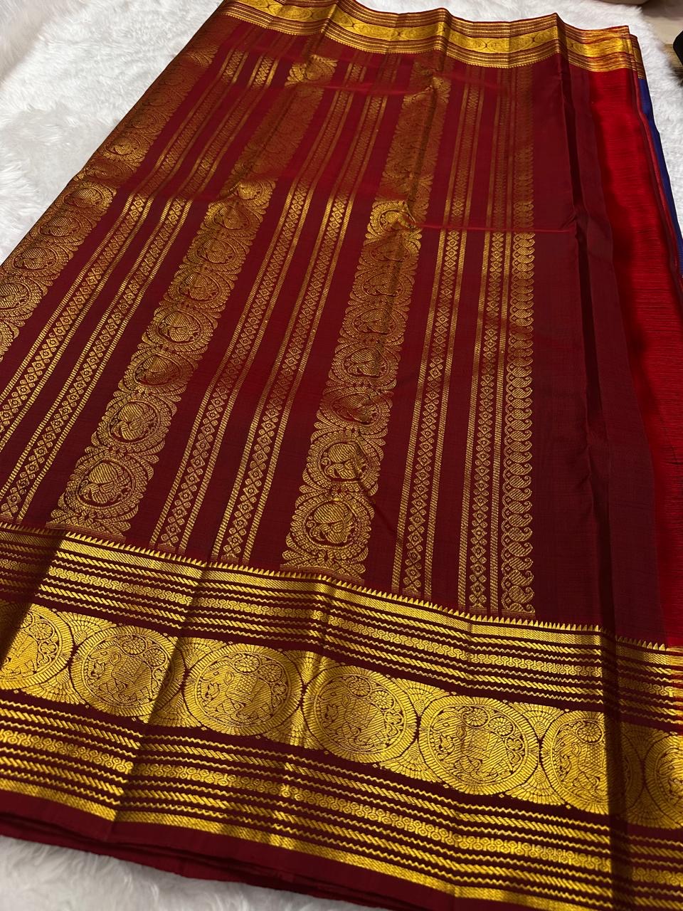 full pallu view of maroon zari woven design with bold medallion rows on kanchipuram silk saree shipped from New Jersey USA