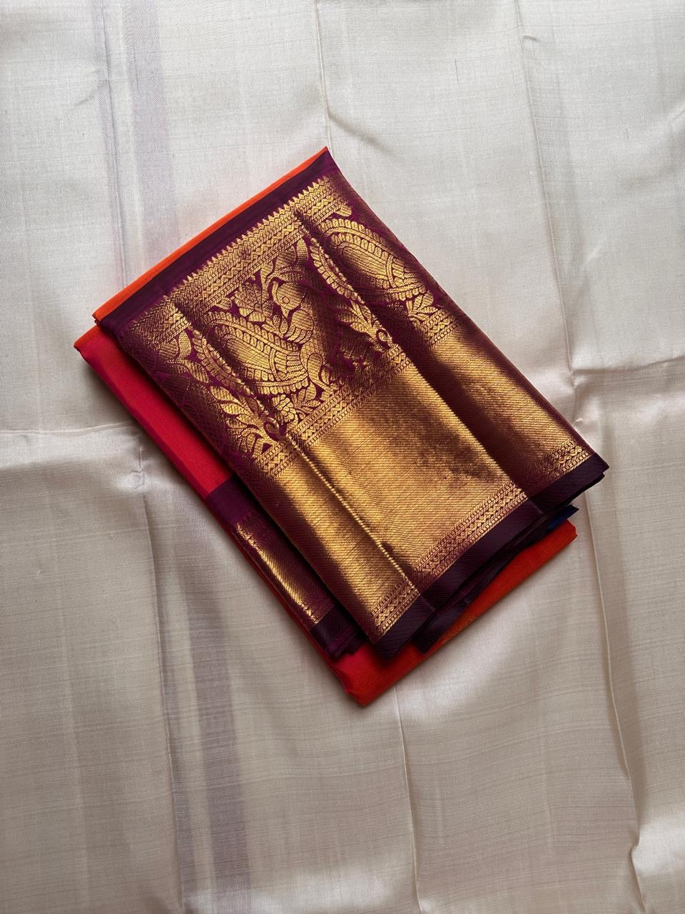 Kanchipattu silk saree in double shade tomato red with hot pink plum purple border border Korvai weave traditional zari detail