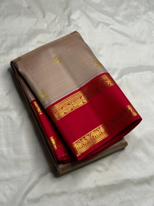 Double-shot Biscuit Beige Kancheepuram Korvai silk saree with raspberry red Rettapet border, full view