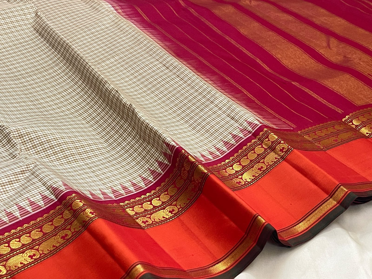 Biscuit beige and orange Kai Korvai Kanchipuram silk saree, folded view