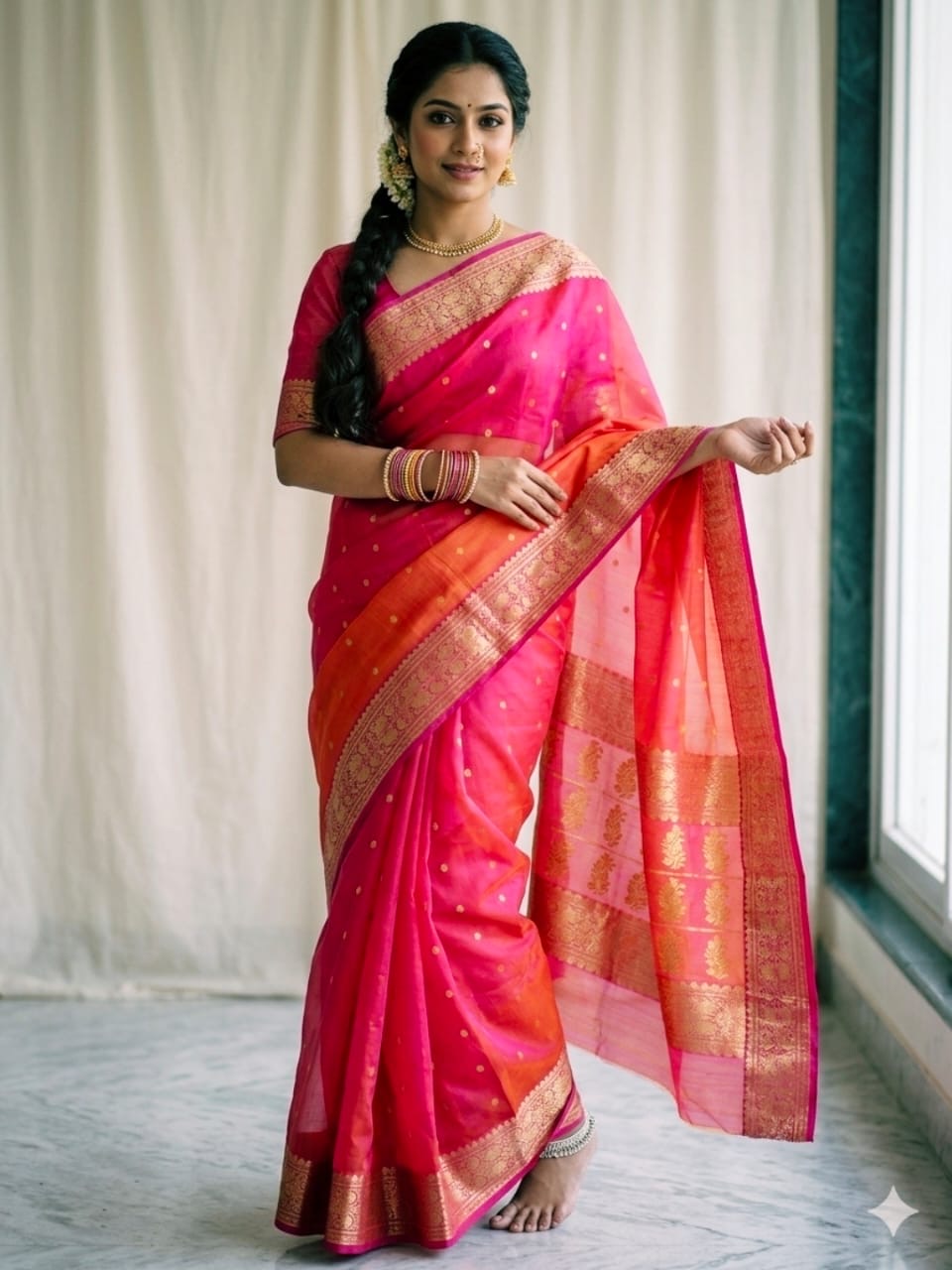 Dual-tone tangerine orange and rani pink handwoven Chanderi saree pallu