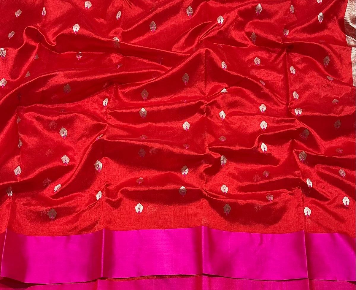 Scarlet red and rani pink handwoven Chanderi saree by Idam Living