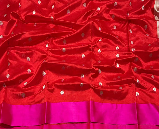Scarlet red and rani pink handwoven Chanderi saree by Idam Living