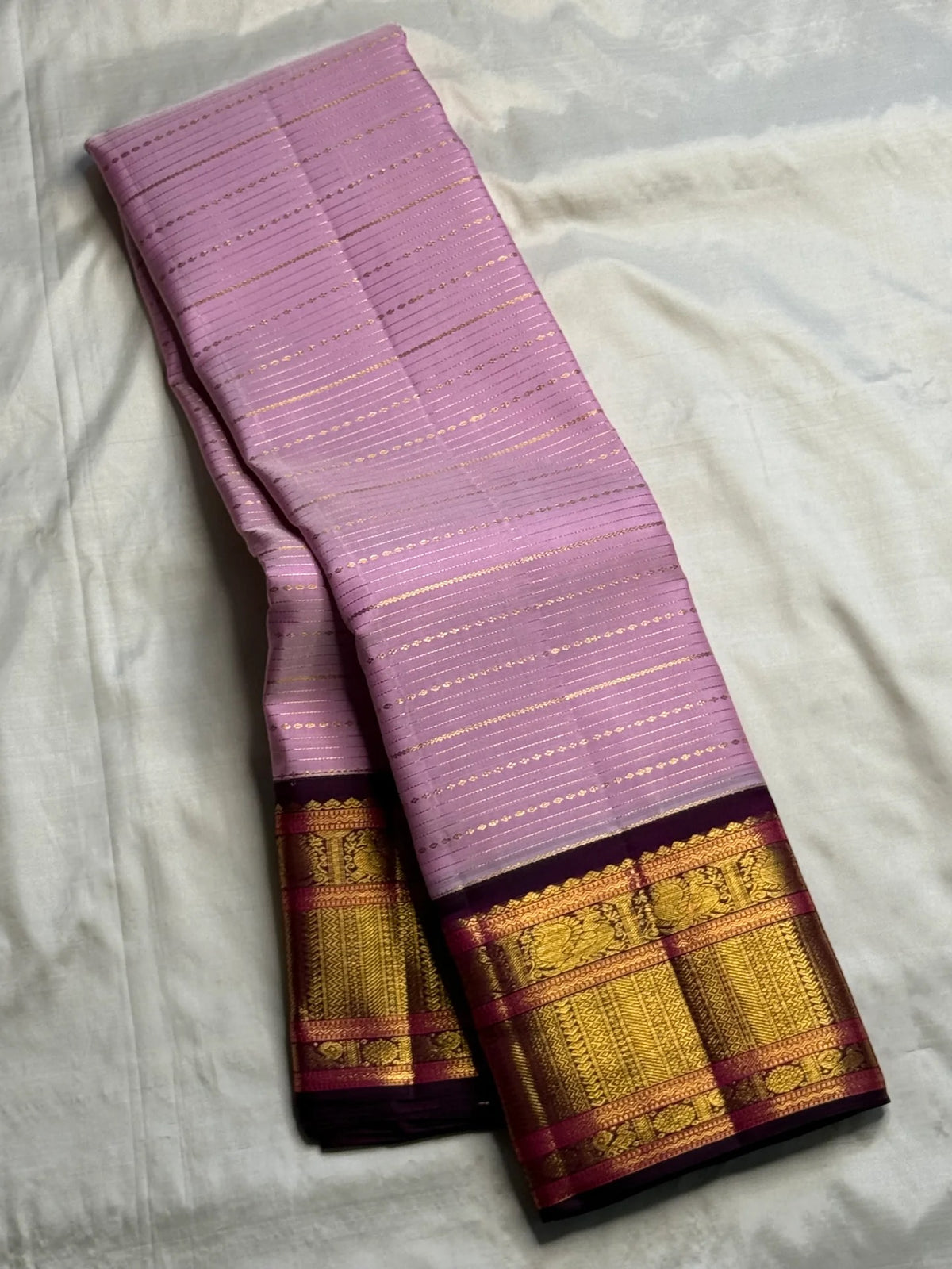 Dusty Lavender Pink and Deep Purple handwoven pure silk Korvai saree by Idam Living.