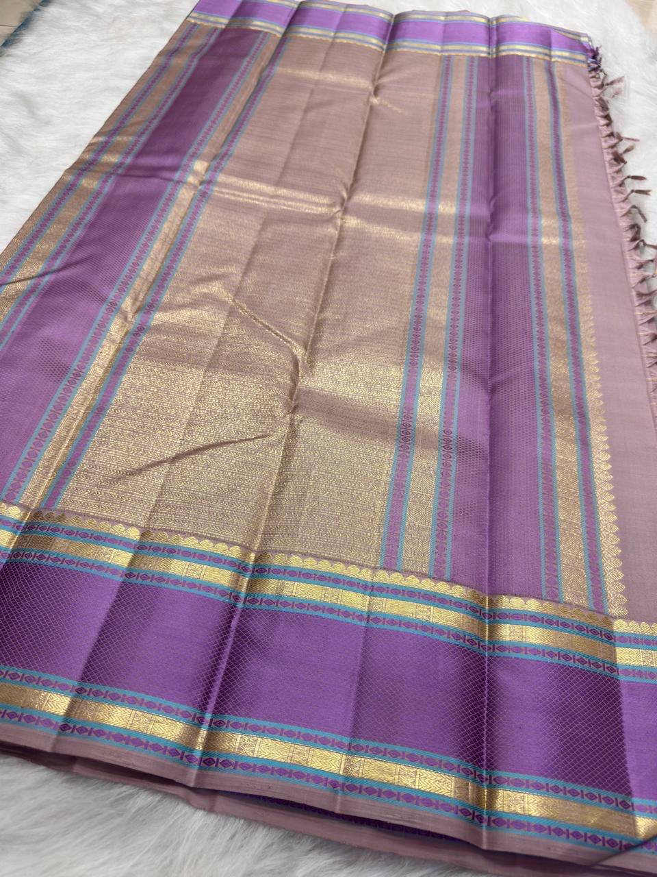Dusty-lilac pure silk Kanjivaram Zari Kattam saree, full drape — Idam Living