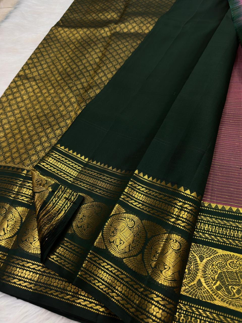 Dusty Mauve Kanchipuram Zari Kattam saree — gold zari checkered grid body detail