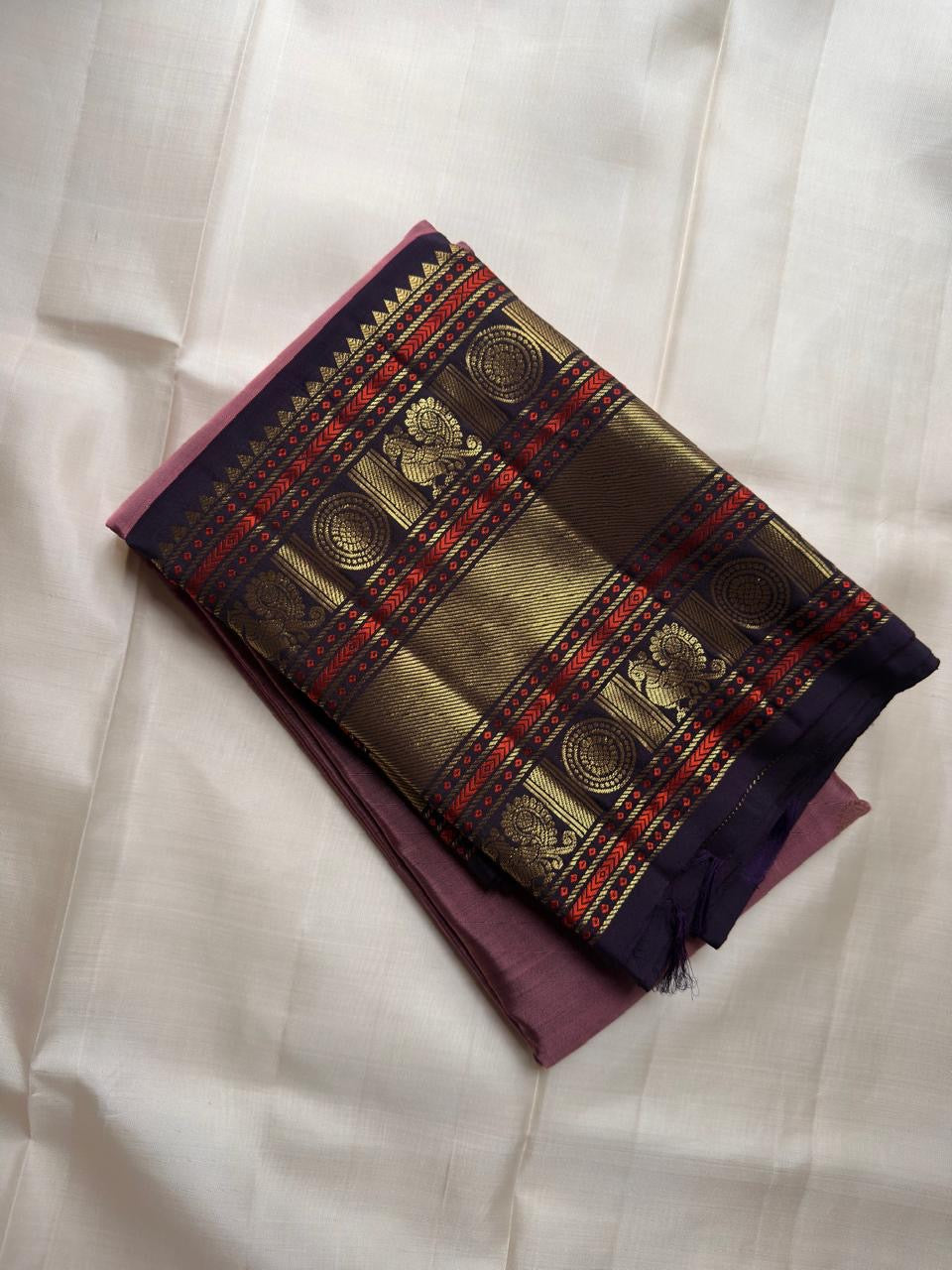 Dusty Rose Handwoven Pure Silk KanchiPattu Saree with Rust Border