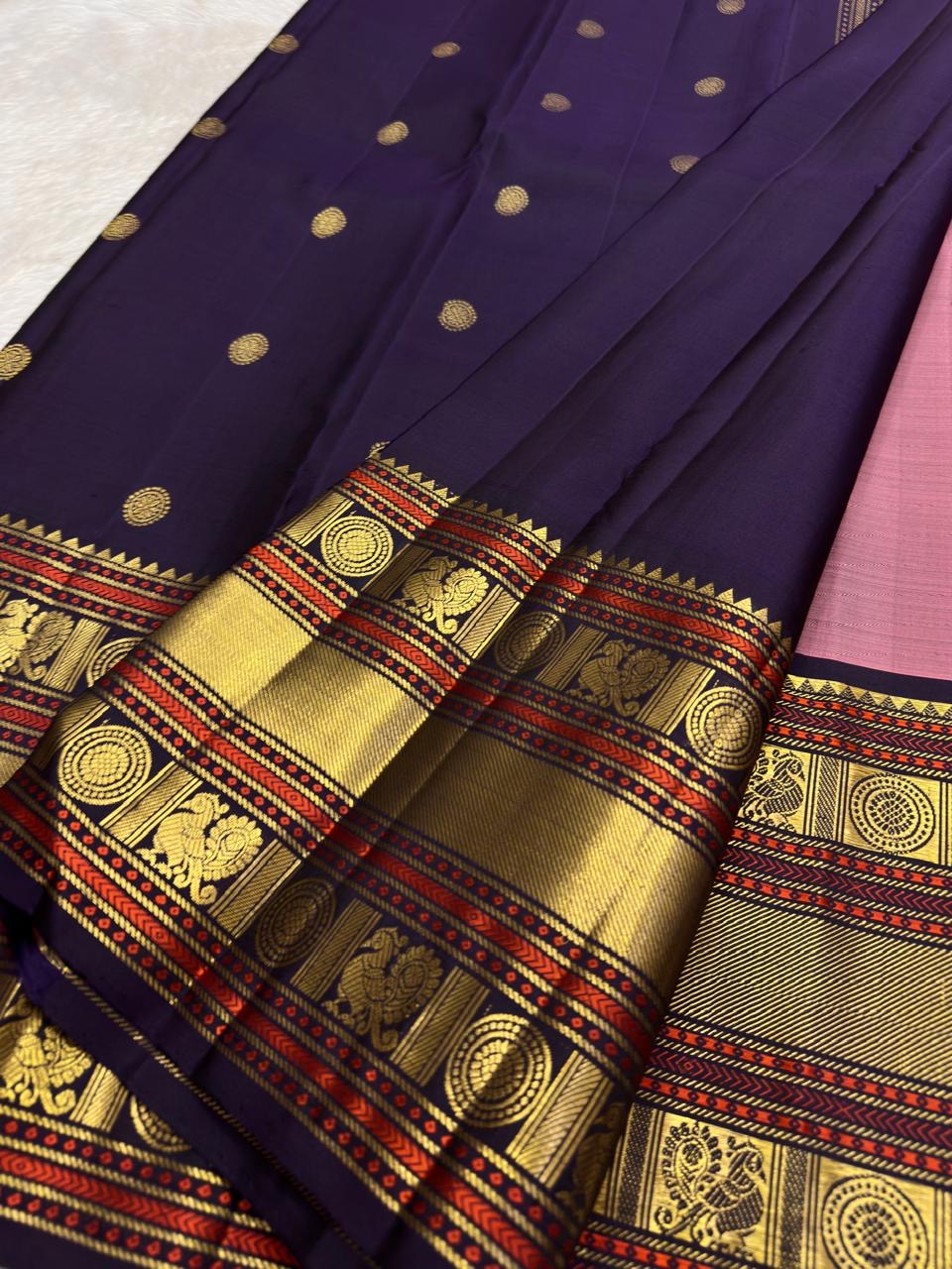 Dusty Rose Handwoven Pure Silk KanchiPattu Saree with Rust Border