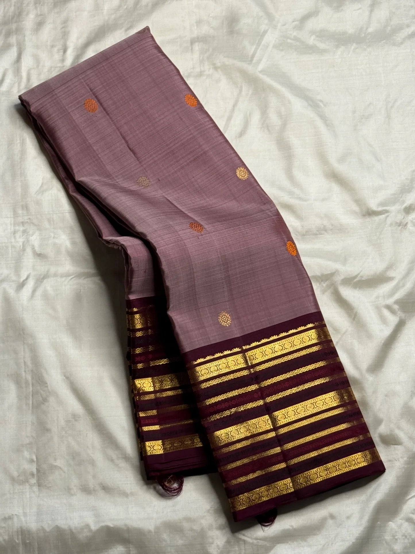 Dusty mauve handwoven Kanjivaram silk saree with silk thread butta in orange and gold and plum varisaipet border — Idam Living