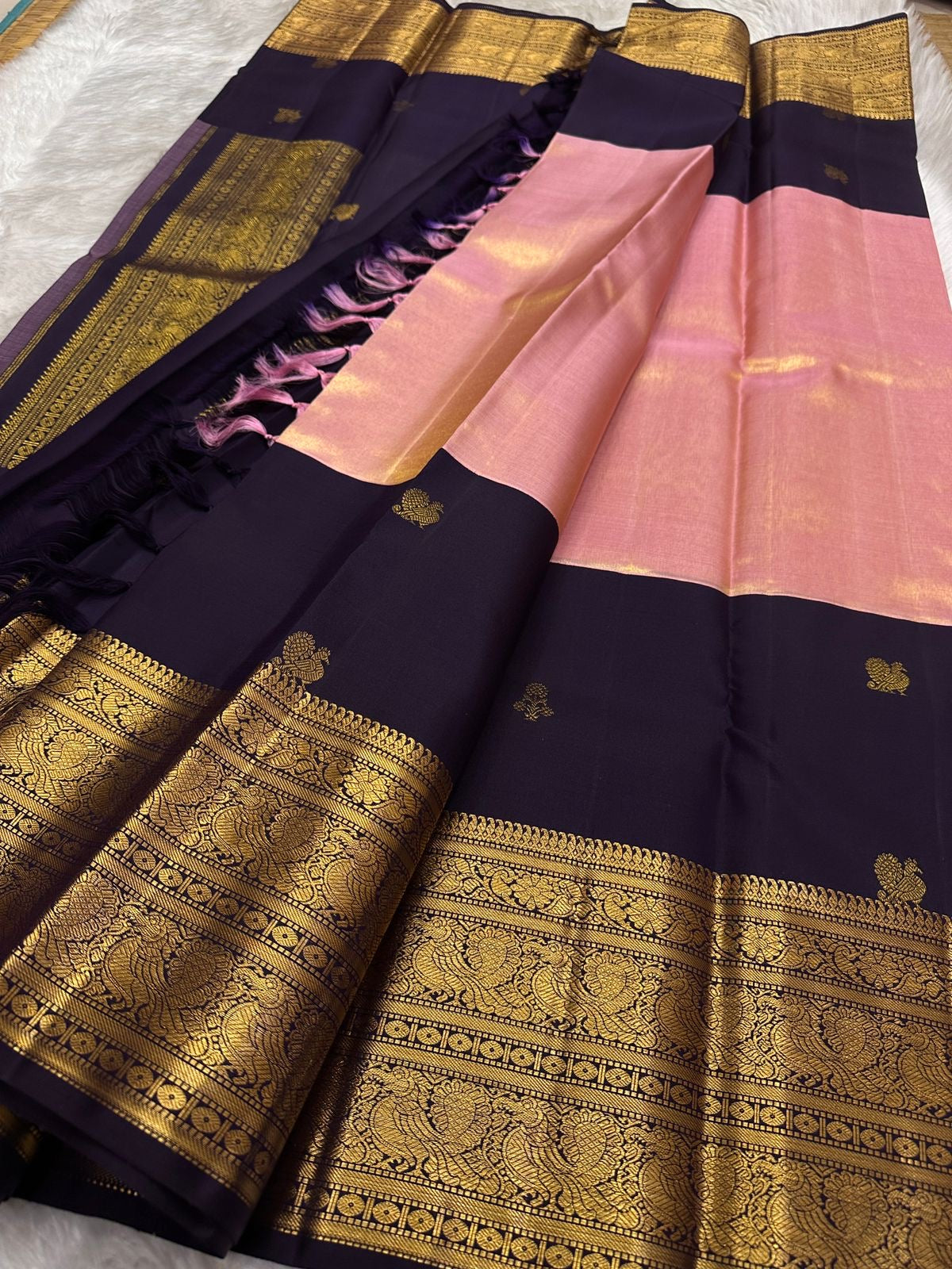 Pink tissue silk KanchiPattu Korvai saree with deep purple contrast border
