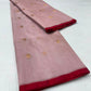 Dusty Rose Katan Silk Chanderi saree showing gold woven buttas, red edging and broad striped zari pallu