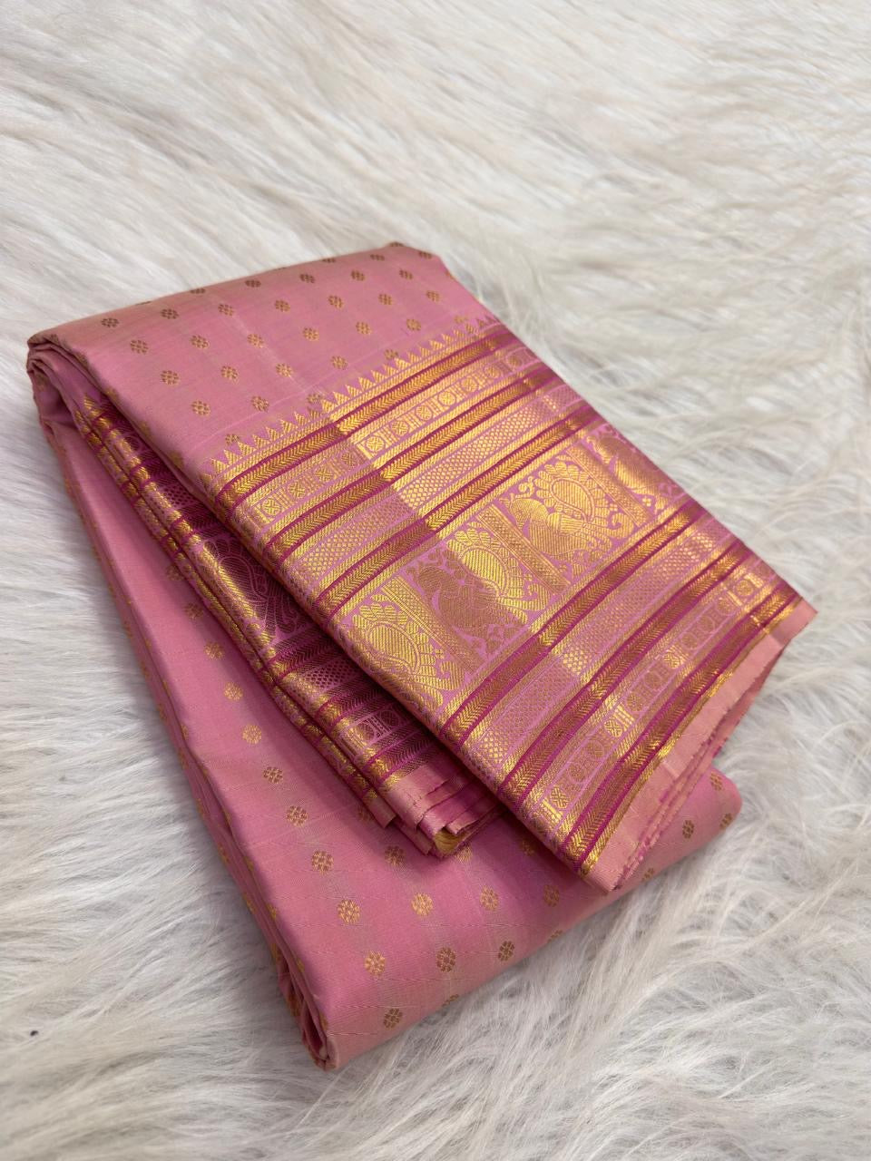 Dusty Rose handwoven pure silk Kanjivaram Butta saree — gold zari butta close-up on body — Idam Living