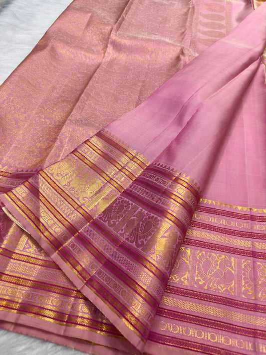 Dusty Rose handwoven pure silk Kanjivaram Butta saree — pallu zari detail — Idam Living