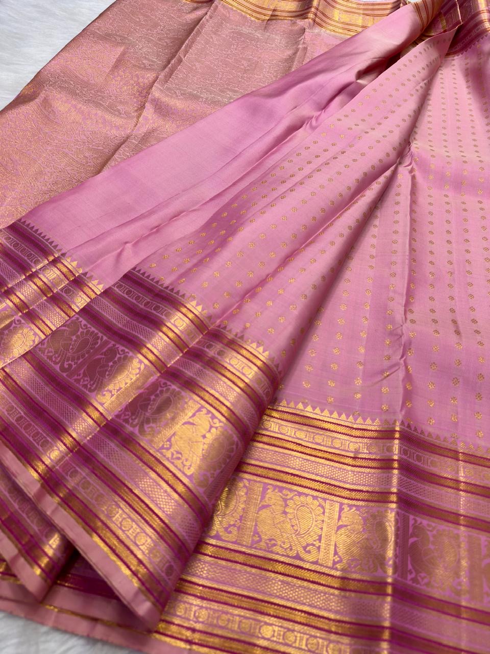 Dusty Rose handwoven pure silk Kanjivaram Butta saree — self-tone pink zari border detail — Idam Living