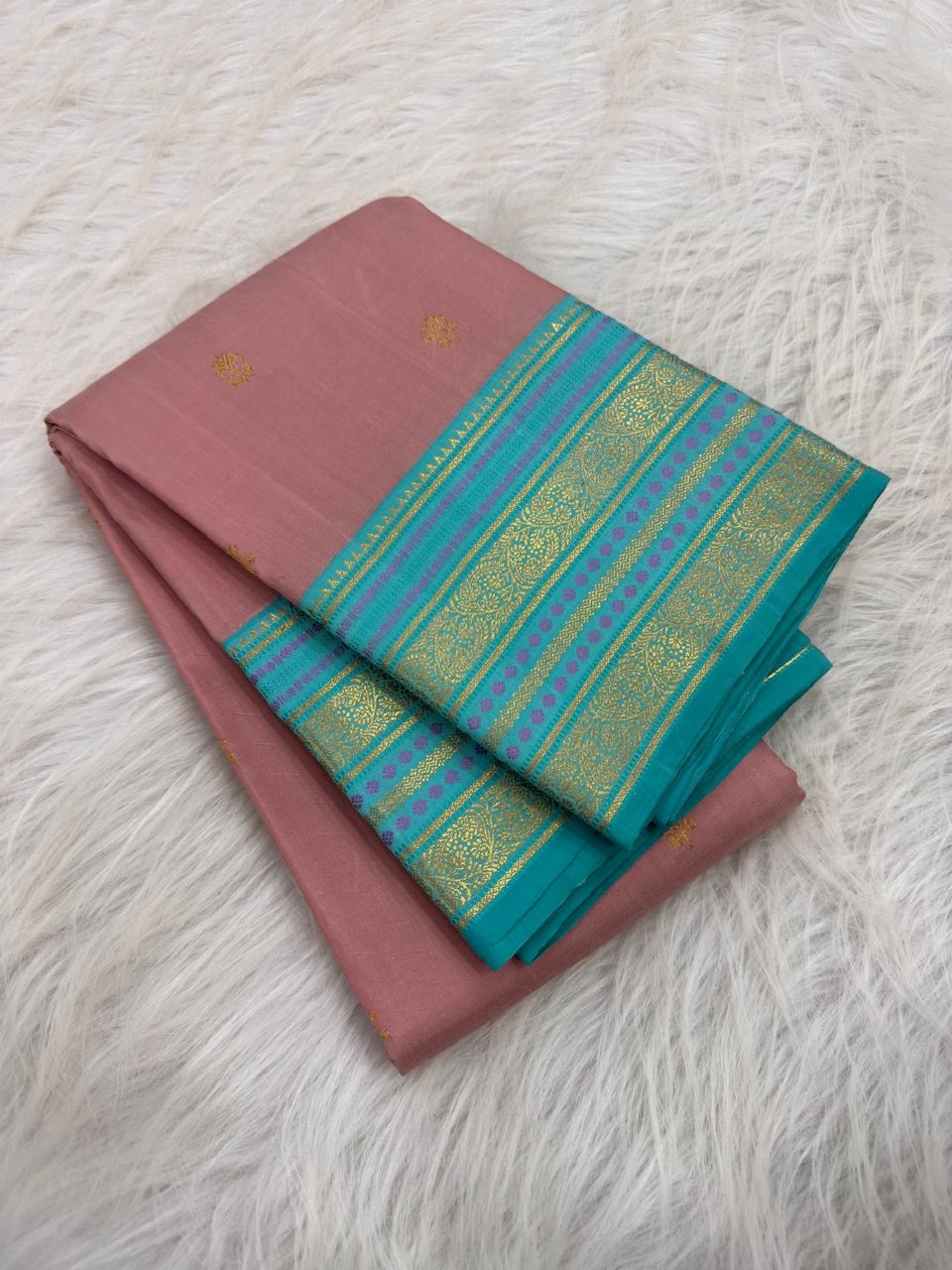 Dusty Rose Handwoven Pure Silk Kanjipuram Varisaipet Saree with Turquoise Zari Border — Idam Living