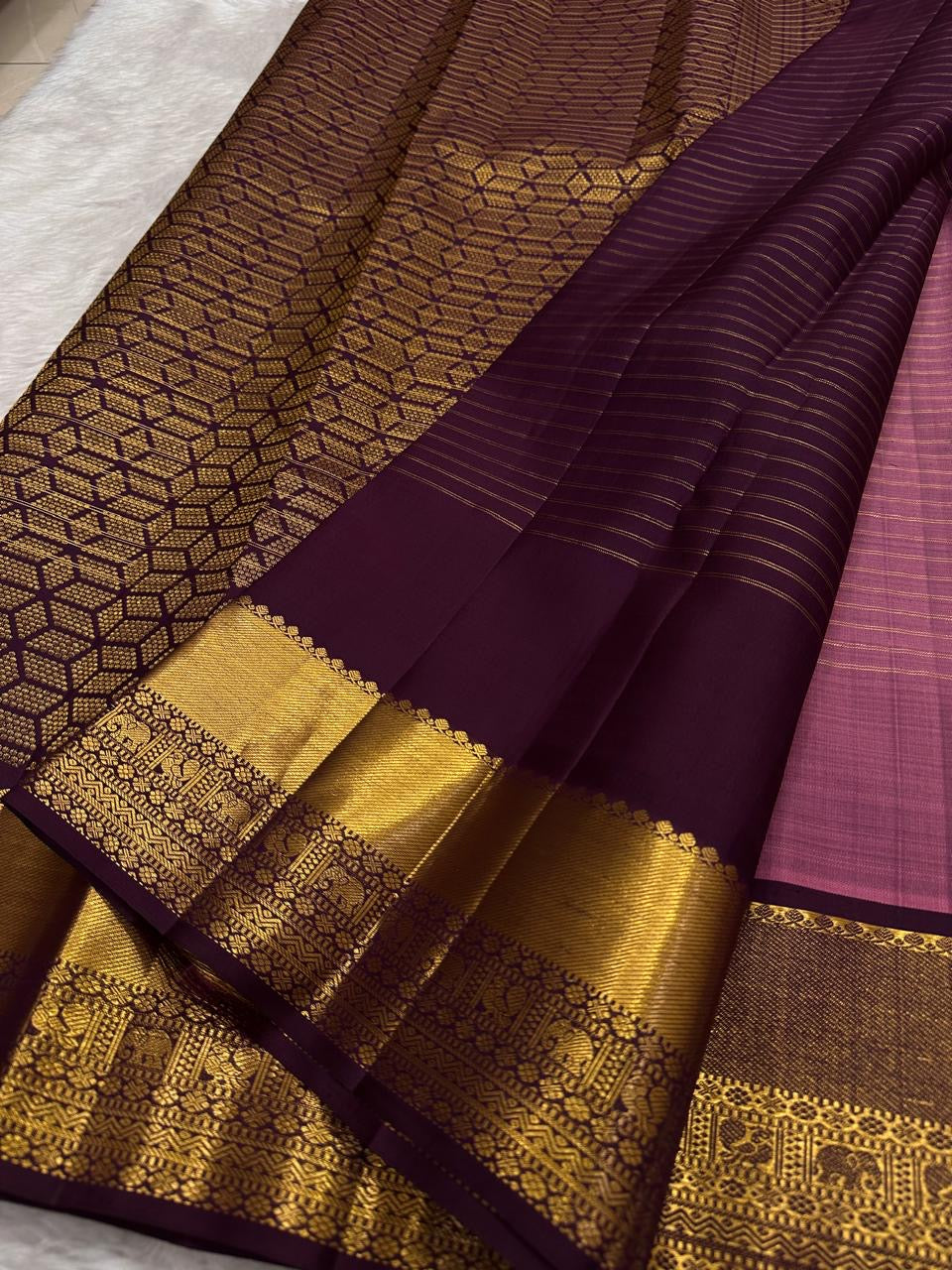 Dusty rose Kanjeevaram saree with deep purple Yaanai zari border — Idam Living