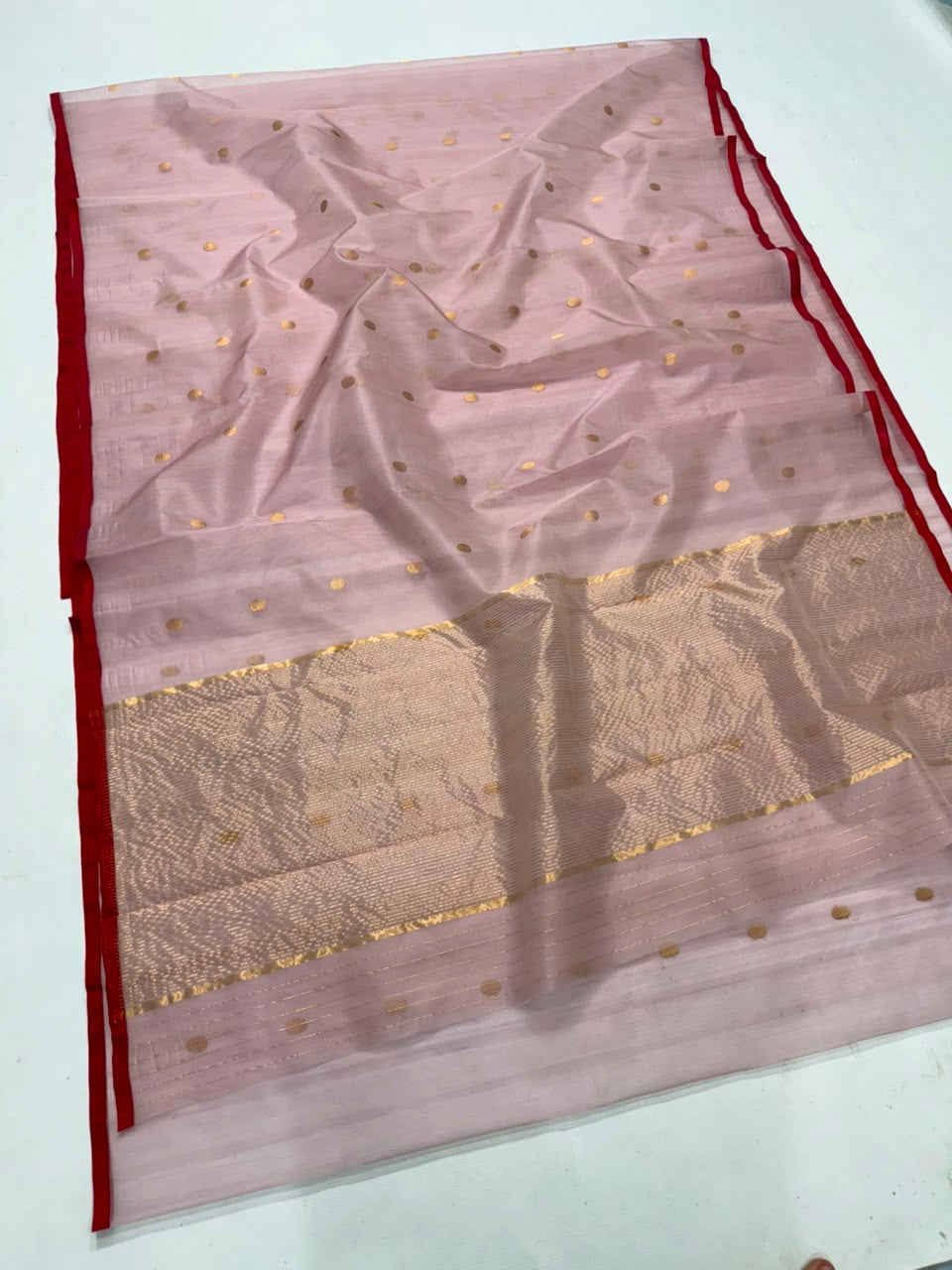 Dusty Rose handloom Chanderi Katan Silk saree with antique-gold buttas and Deep Red contrast border