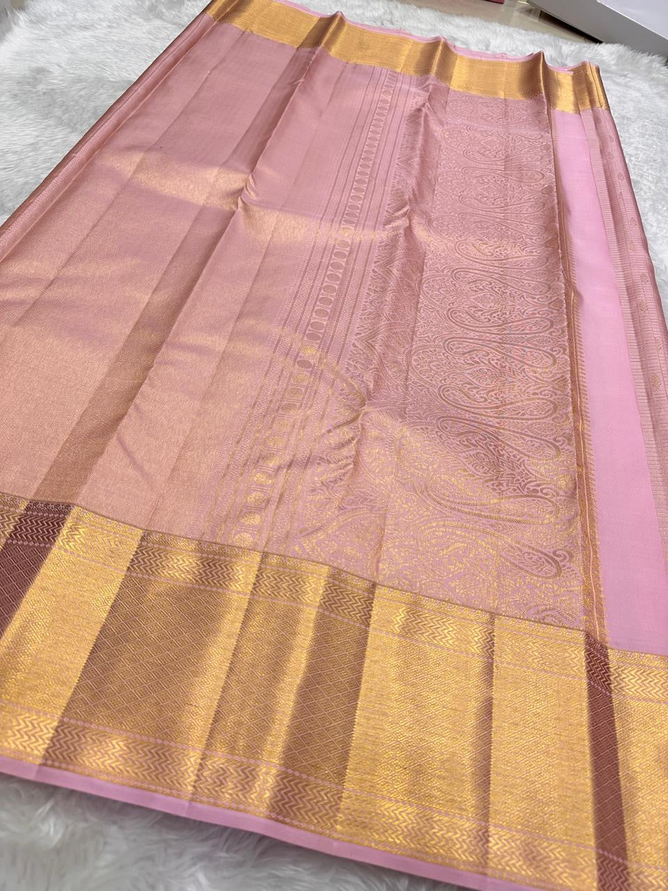 Dusty Rose Pink pure silk Kanjeevaram saree full drape with gold zari border