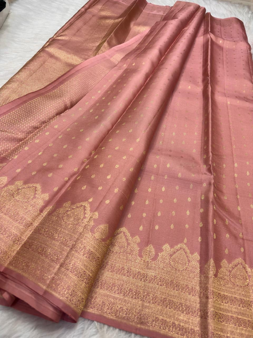Dusty Rose Pink Kanchipuram silk saree — full front view, butta weave — Idam Living