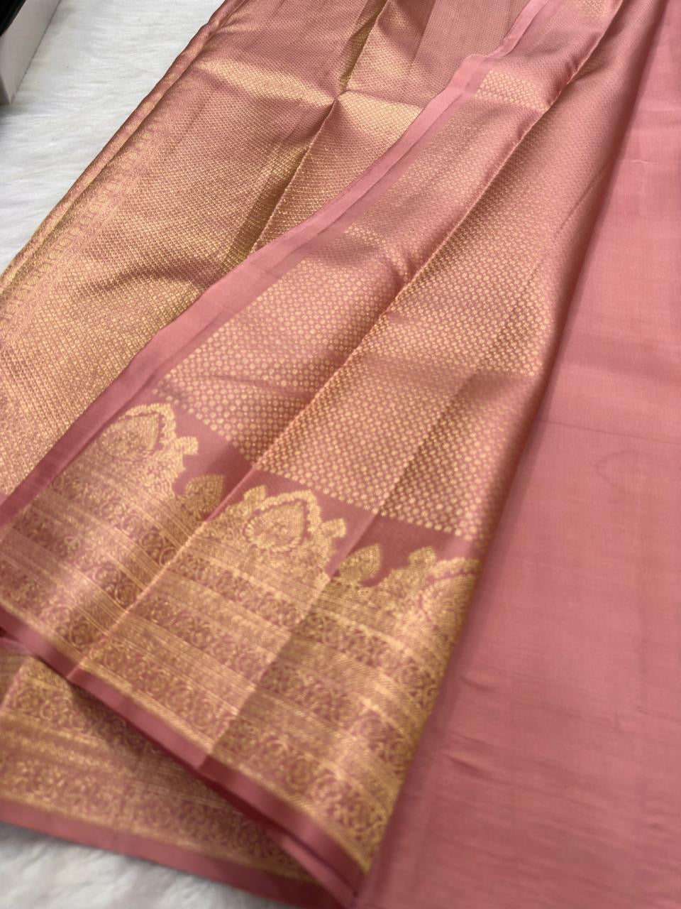 Dusty Rose Pink Kanchipuram silk saree draped, full length view — Idam Living