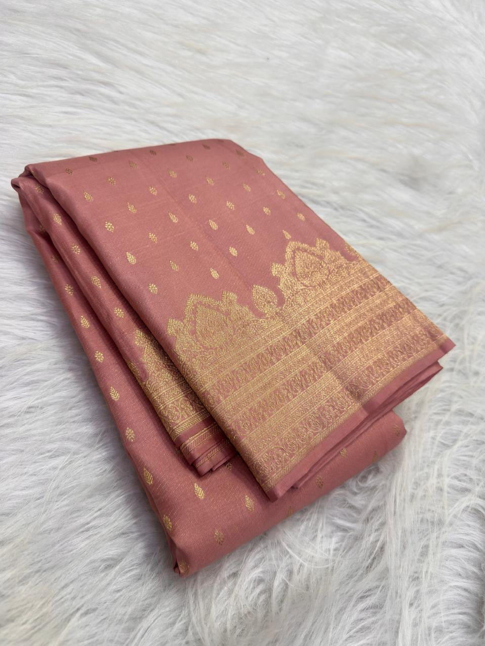 Dusty Rose Pink Kanchipuram silk saree, gold zari butta motif close-up — Idam Living