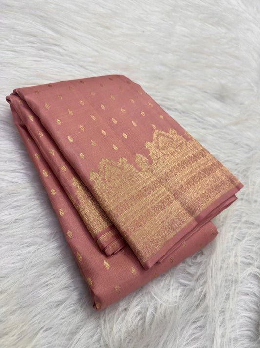 Dusty Rose Pink Kanchipuram silk saree, gold zari butta motif close-up — Idam Living