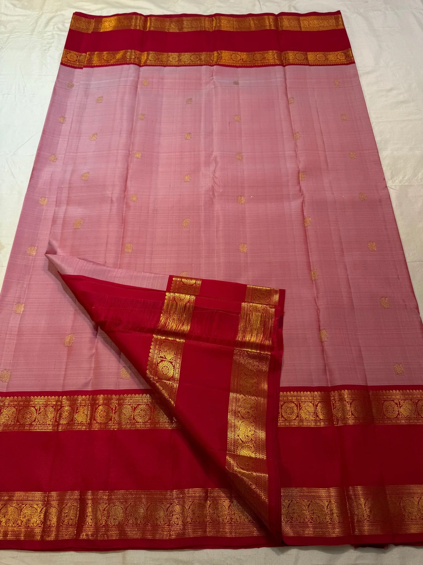 Vintage Rose and Ruby Red Handwoven Pure Silk Kanchipuram Saree with Rettapet Border
