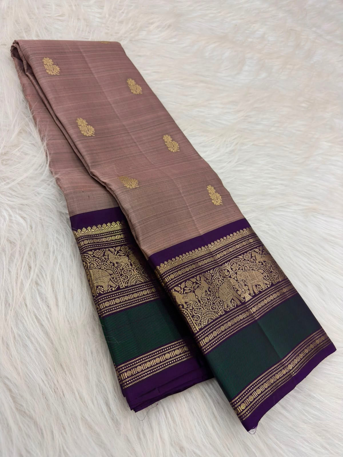 Dusty Rose Taupe Pure Silk Kanchi Pattu Saree — full saree overview, Butta weave with purple elephant border — Idam Living