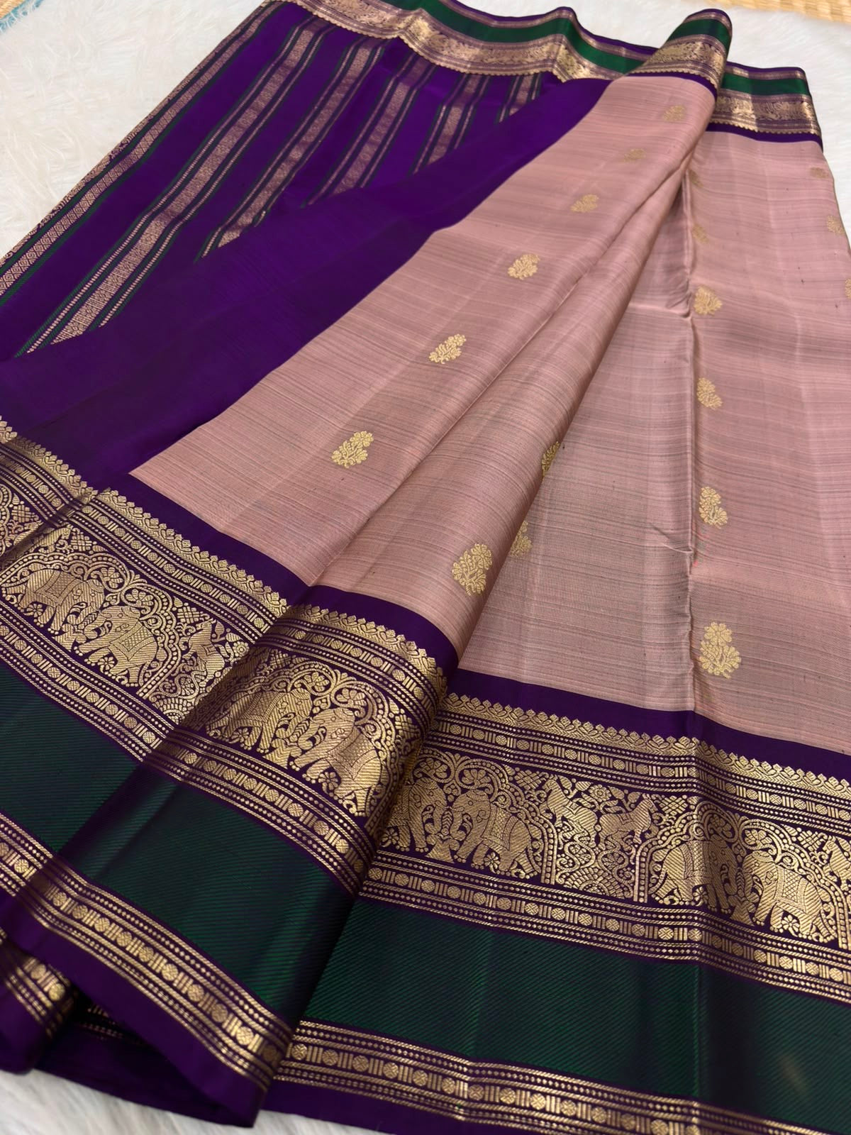 Dusty Rose Taupe Kanchi Pattu Saree — body close-up showing scattered gold zari buttas