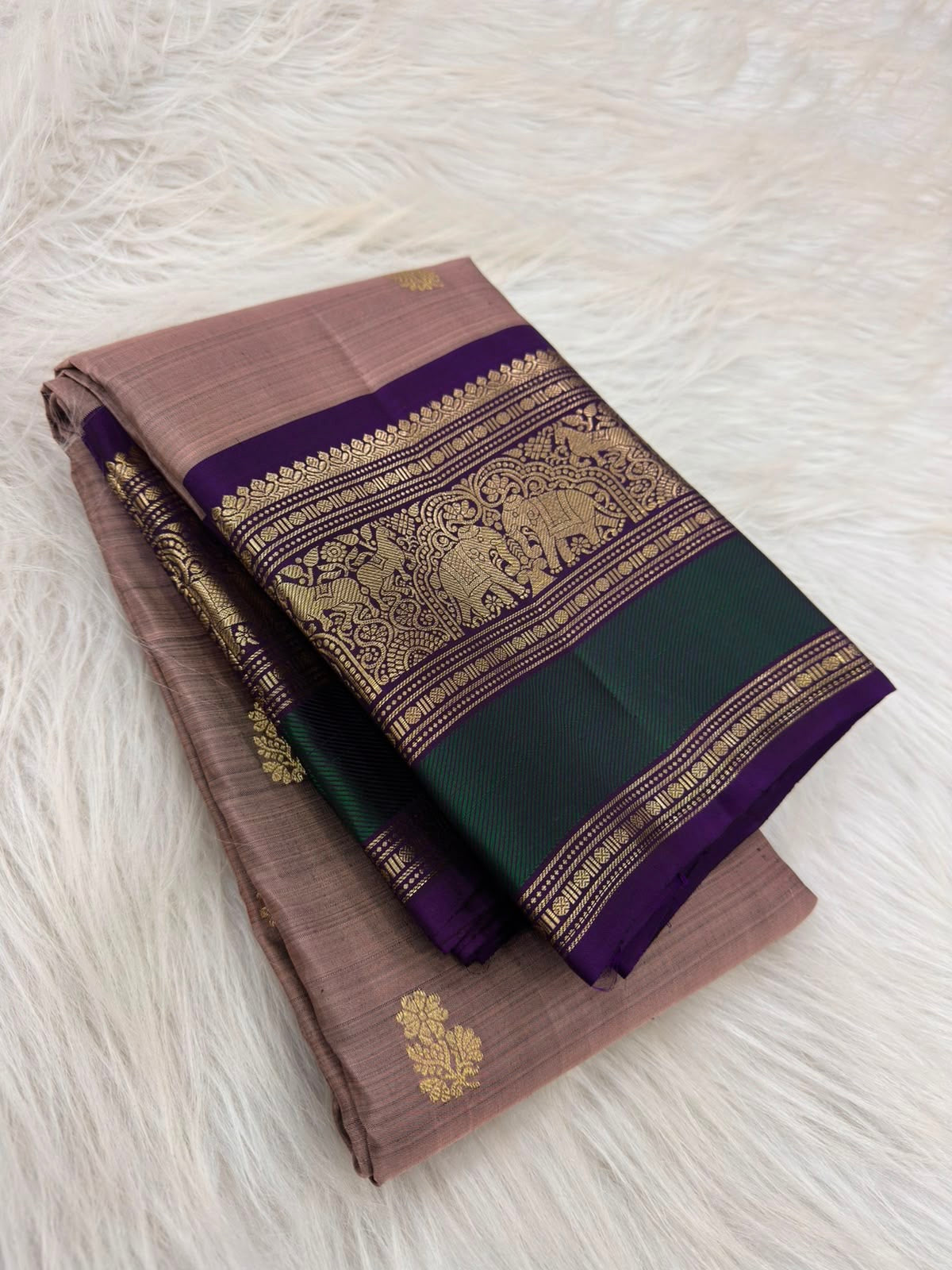 Dusty Rose Taupe Kanchi Pattu Saree — full drape, pure silk Kanchipuram handwoven — Idam Living