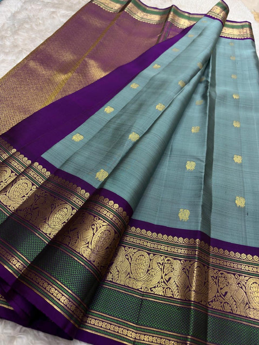 Vintage Sky Blue and Purple Handwoven Pure Silk KanchiPattu Saree with Floral Butta and Zari Border