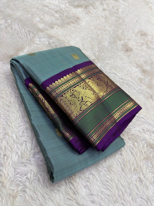 Vintage Sky Blue and Purple Handwoven Pure Silk KanchiPattu Saree with Floral Butta and Zari Border