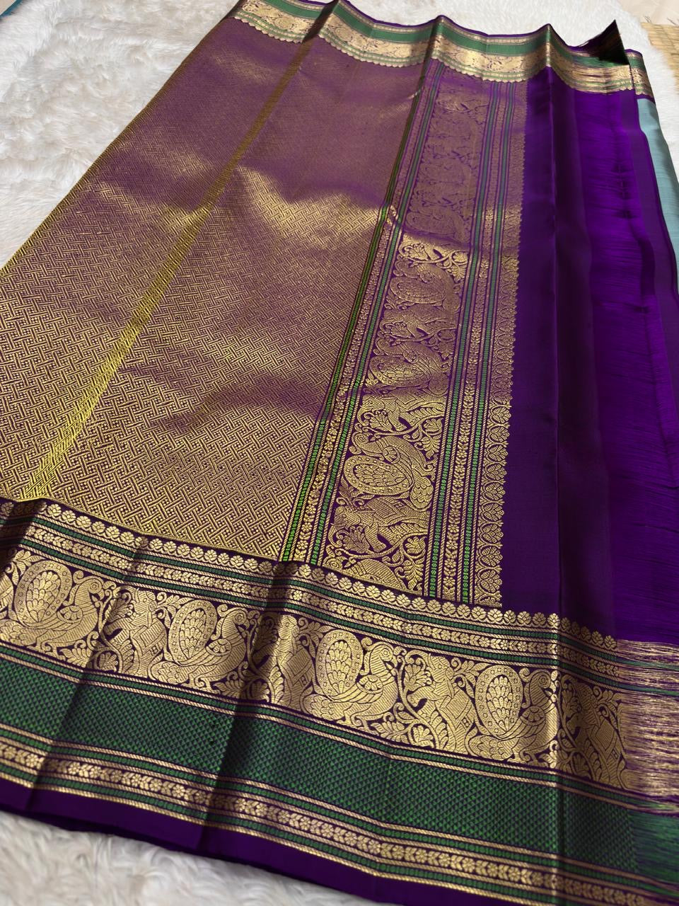 Vintage Sky Blue and Purple Handwoven Pure Silk KanchiPattu Saree with Floral Butta and Zari Border