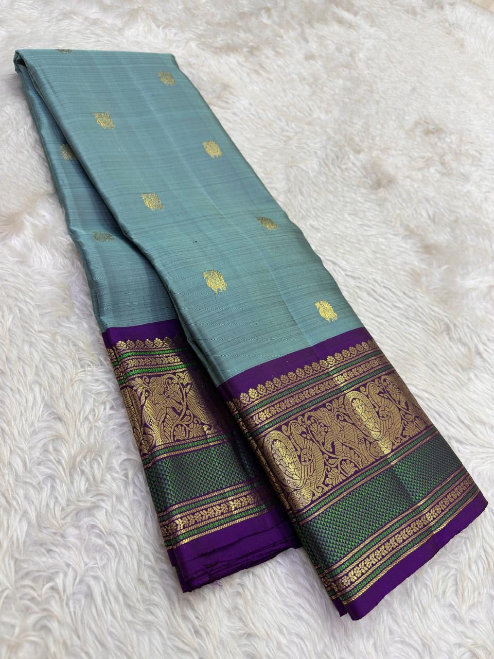 Vintage Sky Blue and Purple Handwoven Pure Silk KanchiPattu Saree with Floral Butta and Zari Border