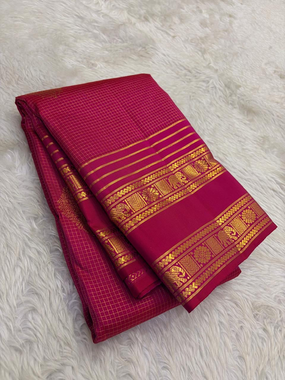Authentic Kancheepuram silk saree with orchid magenta body and bougainvillea-inspired heirloom palette